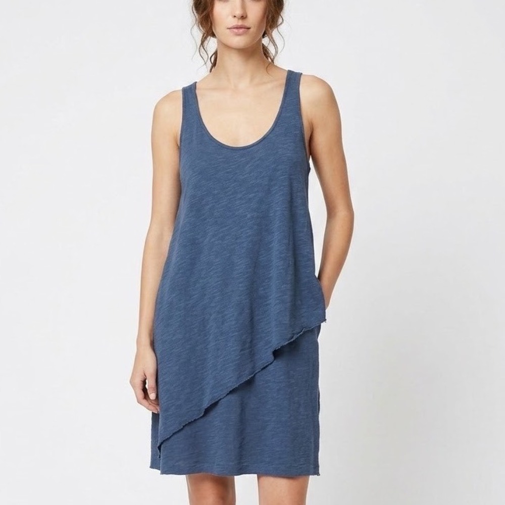Lilla P Blue Asymmetric Layered Tank Dress Pima Cotton Modal Slub Knit Medium
